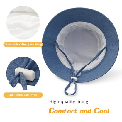 Baby Sun Hat Infant Toddler Summer Cotton Yarn Bucket Hat for Boys Girls - color: Light Blue & Denim Blue & Blue Checkered -3pcs, size: 6-24 Months
