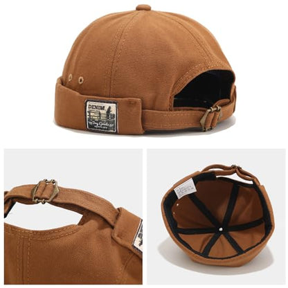 Mens Docker Cap Brimless Skullcap Sailor Cap Rolled Cuff Retro Beanie Hat - color: Retro Khaki