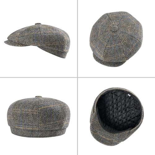 FEINION Men 8 Panel Herringbone Wool Newsboy Cap - color: Plaid Khaki, size: 7 3/8