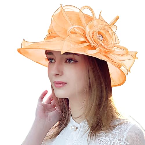 Women's Organza Derby Fascinator Hat Cloche Bowler Hat Cocktail Tea Party Wedding Sun Hat - color: B-orange