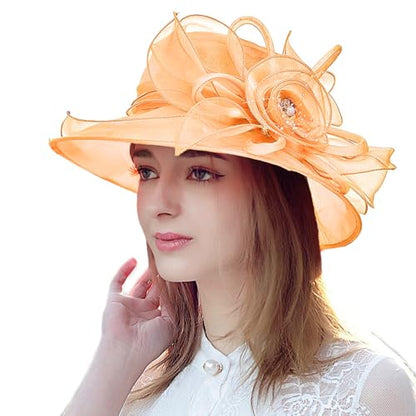 Women's Organza Derby Fascinator Hat Cloche Bowler Hat Cocktail Tea Party Wedding Sun Hat - color: B-orange