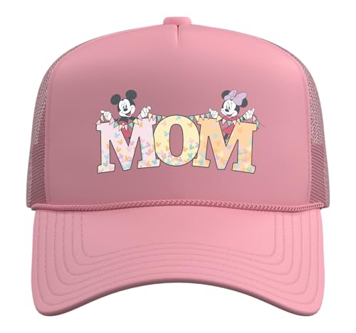 Disney Mom Mickey & Minnie Pastel Letters Family Disney Trip Trucker Hat with Adjustable Mesh Back - color: Pink