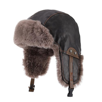 Faux Fur Trapper Hat Womens Winter Hats with Ear Flaps Leather Ushanka Russian Hat for Men Cossack Hunter Ski Caps - color: Mg-lfm25119-dark Coffee