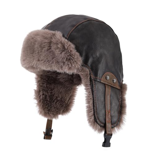 Faux Fur Trapper Hat Womens Winter Hats with Ear Flaps Leather Ushanka Russian Hat for Men Cossack Hunter Ski Caps - color: Mg-lfm25119-dark Coffee