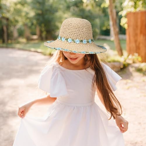Girls Straw Hat with Flower Round Sunglasses, Summer Foldable Large Brim Sunflower Bowknot Beach Toddler Straw Sun Hat, 2-6T - color: Beige-blue Flower