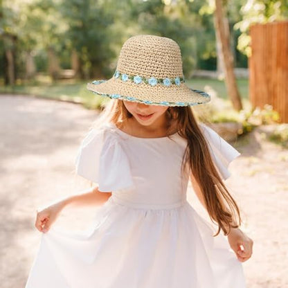 Girls Straw Hat with Flower Round Sunglasses, Summer Foldable Large Brim Sunflower Bowknot Beach Toddler Straw Sun Hat, 2-6T - color: Beige-blue Flower