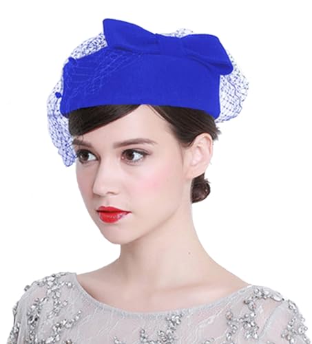 ORIDOOR Women's British Style Pillbox Church Derby Wedding Winter Vintage Fascinator Beret 100% Wool Felt Veil Hat - color: 01a-royal Blue