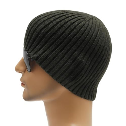 ZLYC Men Winter Knit Fisherman Beanie Hat Fashion Warm Daily Skull Cap - color: Solid Army Green