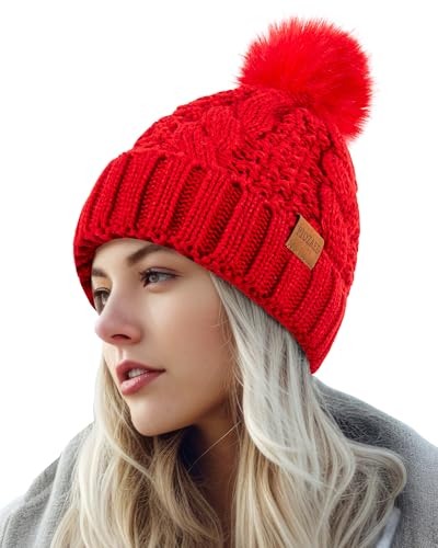 Women's Winter Pompom Beanie Warm and Cozy Knit Hat Fleece Lining Skull Cap for Women - color: Red