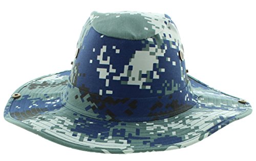 Wide Brim Outdoor Safari Summer Sun Hat with Neck Flap - color: Blue Digital Camo, size: Medium