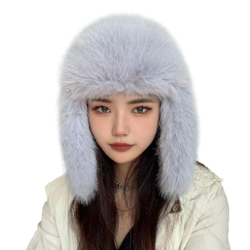 Luxurious Faux Mink Fur Ladies Trapper Hat，Pure Color Simplistic Women’s Winter Hat，Furry Ushanka Warm Hat - color: Light Blue
