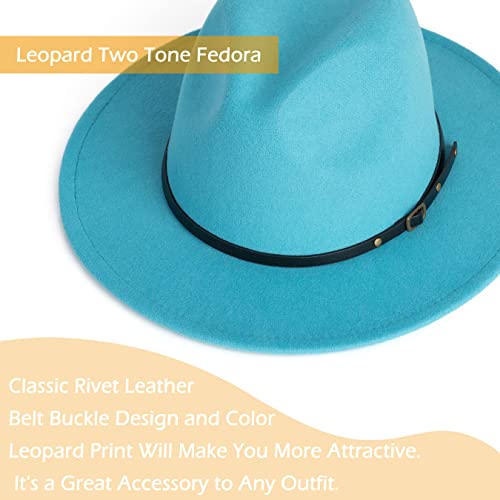 Women Two Tone Wide Brim Fedora Felt Panama Hat - color: Lake Blue/Leopard