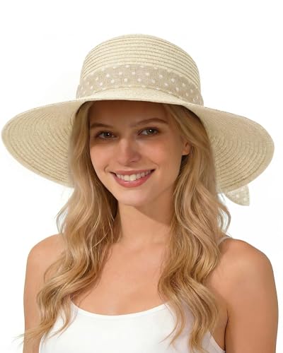 Sun Beach Straw Hats for Women, Summer Wide Brim Hat - color: Light Beige, size: X-Large