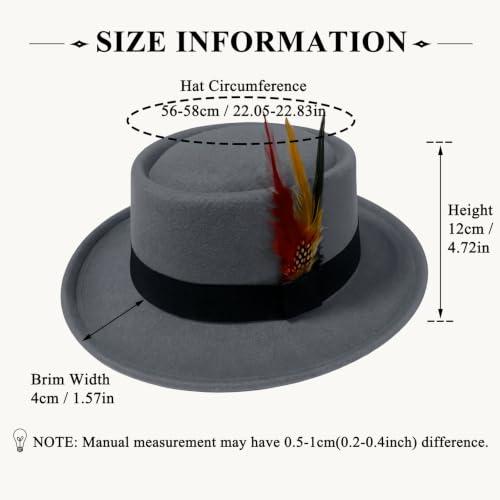 Classic Pork Pie Hat with Feathers Flat Top Fedora, Vintage Panama Hats, Warm Comfortable Jazz Cap - color: Grey