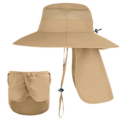 ZOORON Sun Hats for Men Women with Neck Flap Fishing UPF 50+ UV Protection - color: Khaki (With Face Cover)
