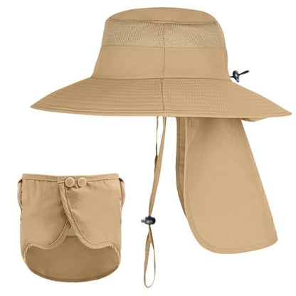 ZOORON Sun Hats for Men Women with Neck Flap Fishing UPF 50+ UV Protection - color: Khaki (With Face Cover)