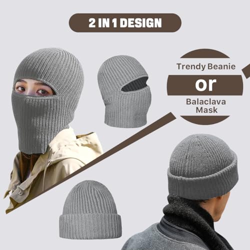 BROKIG 2 in 1 Balaclava Ski Mask Beanie Black Winter Knit Ski Face Mask - color: Light Grey