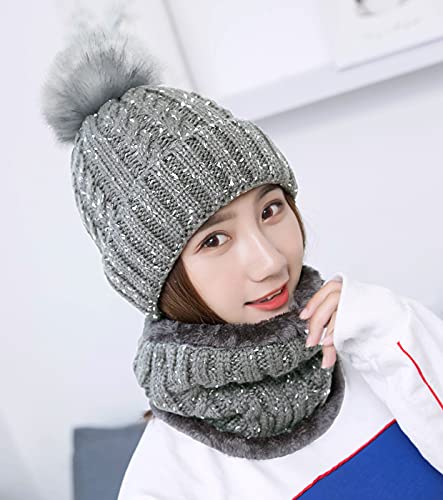 IYEBRAO Womens Winter Knit Beanie Hat and Scarf Set Girls Cute Slouchy Thick Fleece Lined Ski Hat Warm Skull Cap with Pom - color: Light Grey
