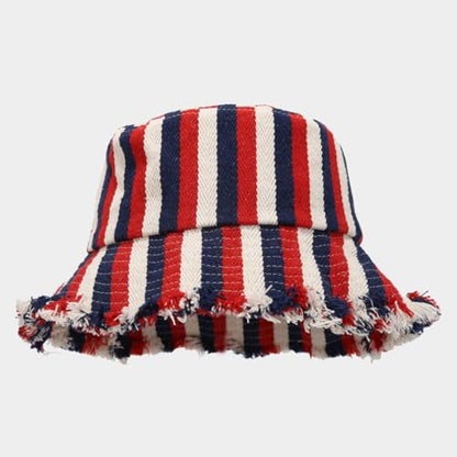 Quanhaigou Frayed Unisex Sun Hats, Fashion Beach Bucket Hat for Men Women,Summer Outdoor Boy's Girls Boonie Cap - color: Stripe Red Navy Beige