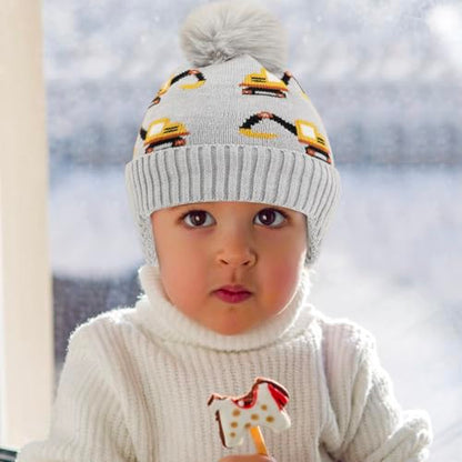 Kids Beanie with Ear Flaps for Boys Girls Pom-pom Knit Hats Warm Fleece Lining Winter Outdoor Skull Snow Ski Cap - color: Gray