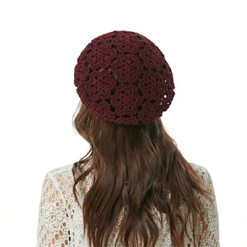 ZLYC Women Cotton Slouchy Crochet Beret Handmade Cutout Floral Beanie Hat - color: Floral Burgundy