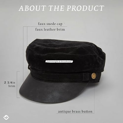 Funky Junque Greek Fisherman Newsboy Cap, Cotton Captains Bakerboy Hat - color: Faux Suede - Black
