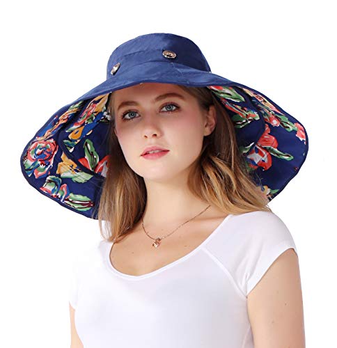 iHomey Packable Shapeable Extra Large Brim Floppy Sun Hat Reversible UPF 50+ Beach Sun Bucket Hat - color: Deep Blue-flower