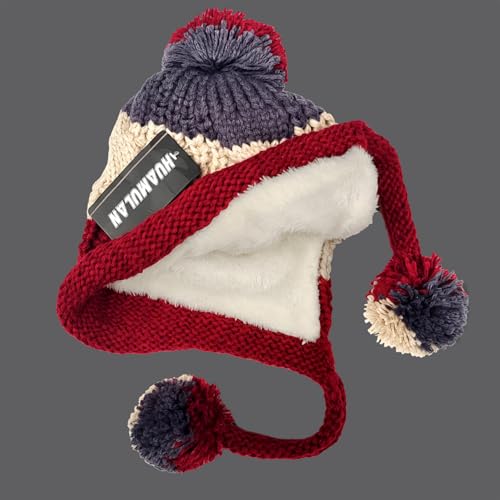 HUAMULAN Women Winter Sherpa Knit Beanie Hat Fleece Lined Ear Flaps - color: Beige Winered