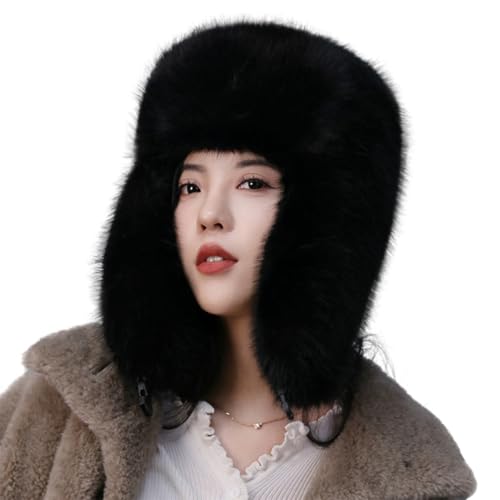 Women's Fluffy Trapper Hat, Long Pile Faux Fur Ushanka hat with Buckle, Luxurious Mink-Style Winter Warm Hat - color: Black