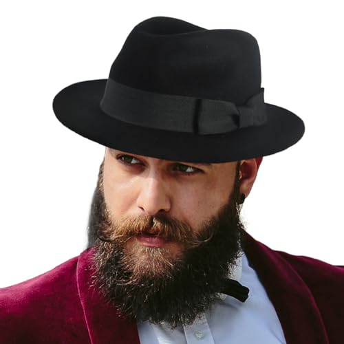 Men's Wool Fedora Hats Women Felt Bowler Derby Hat with Feather - color: Bow-black, size: X-Large