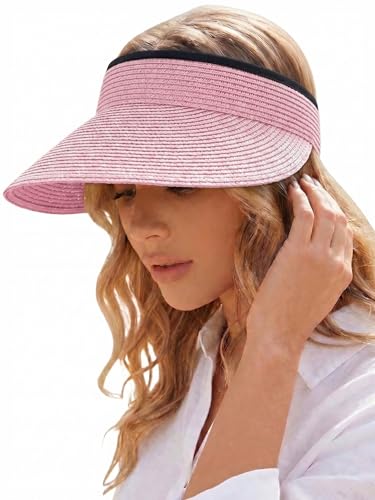 Sun Visor Hat for Women Summer Beach Vacation Essential Ponytail Friendly Travel Foldable Packable UPF 50+ - color: Pink