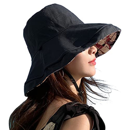 Double Side Womens Floral Wide Brim Sun Hat, UPF50+ UV Protection Reversible Bucket Hat Foldable Adjustable Brim - color: Black