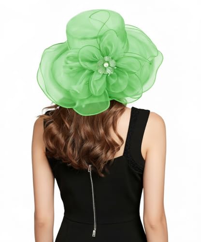 Organza Fascinator Hat - Women’s Wide Brim Church Bridal Tea Party Wedding Hat - color: 02a-apple Green