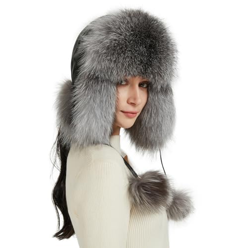 Women Real Fur Trapper Hat Sheepskin Leather Aviator Hat Ear Flaps Ushanka Hat Snow Hat with Pom Pom - color: Silver Fox Fur
