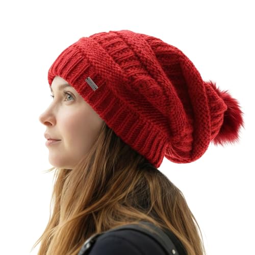 TOP-EX Icelandic Wool Slouchy Beanie for Women Silk Satin Lined with Faux Fur Pom Chunky Knit Warm Womens Winter Hat for Cold Weather Red