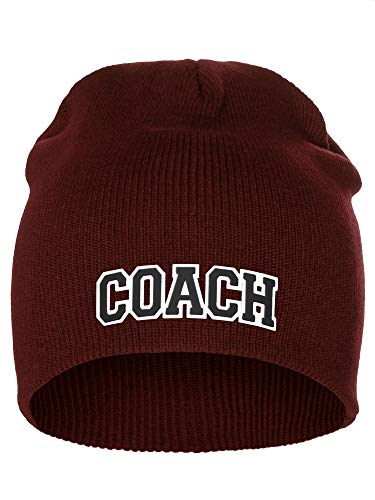 I&W Sports Team Coach Arch Letters Winter Knit Cuffless Beanie 3D Raised Layers - color: Burgundy Beanie White Black