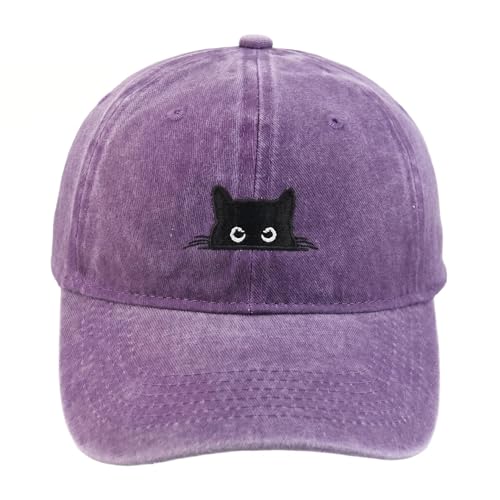 Peeking Black Cat Embroidered Washed Baseball Cap, Adjustable Vintage Dad Hat for Cat Lovers Unisex - color: Purple