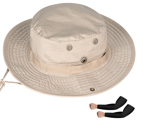 Rosoz Sun Hats for Men Women Bucket Hat UPF Protection Wide Brim Boonie Hat - color: 1pack-khaki/(Arm Sleeves)