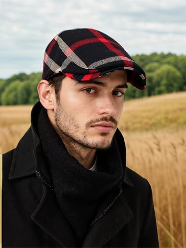 Men's Plaid Striped Newsboy Ivy Flat Driving Golf Cap - color: Black+red