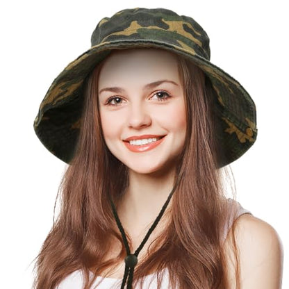 Camo Bucket Hat for Men Women, UPF 50+ Wide Brim Sun Protection - color: Dark Camouflage