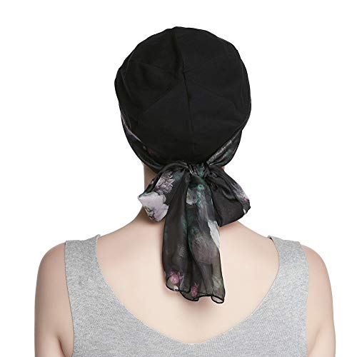 Alnorm Breathable Cotton Hat and Scarf Set Chemo Headwear for Women - color: Black Rose