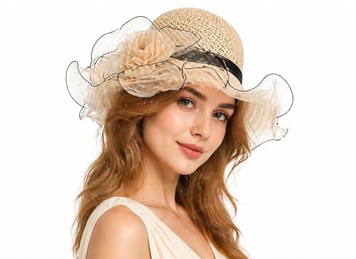 Floral Church Wide Brim Sun Hat, Breathable Derby Tea Party Hat - color: Khaki