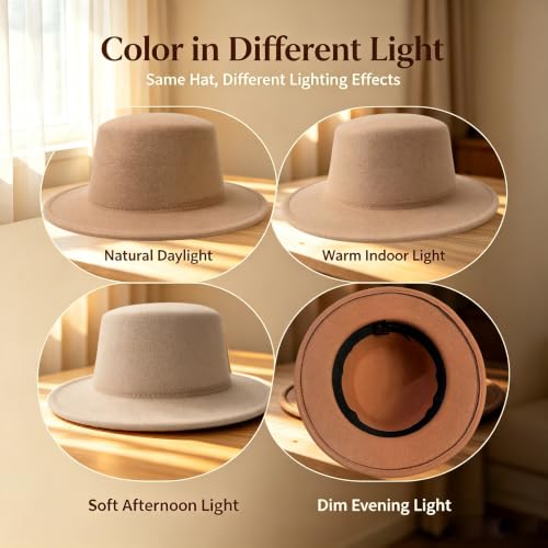 Fedora Flat Hat Classic Wide Brim Cap Panama Style Jazz Hat for Wedding Party Talent Performance Xmas Gift Unisex - color: Khaki