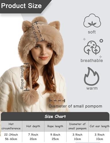 Womens Beanie Winter Hats Warm Pompom Faux Fur Crochet Skull Ear Cap - color: Khaki