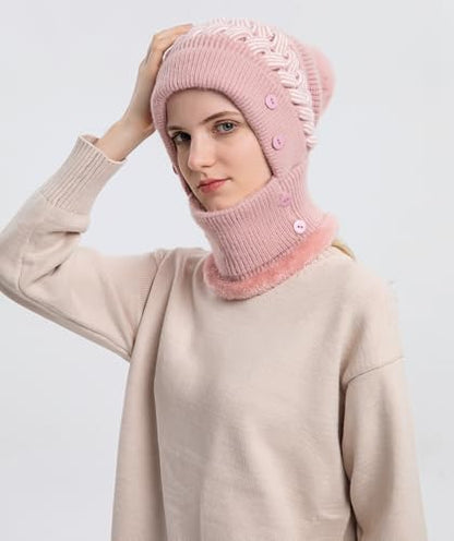 HUAMULAN Women Winter Knit Balaclava Fleece Lined Hooded Beanie Hats - color: Pink, size: One Size