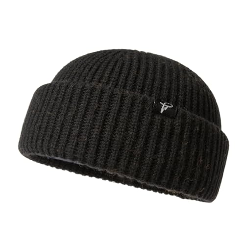 Oversize L/XL/XXL Merino Wool Blend Short Fisheman Beanie Lightweight Warm Hat for Cold Weather Winter - color: Black, size: Large