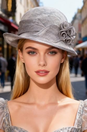 HIMESPORT Retro Sinamay Veil Flower Bride Wedding Fascinator Hat Feather Bowler Hat Hair Accessory Banquet Cocktail Party - color: Gray