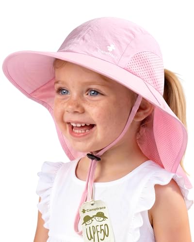 Camptrace Toddler Kids Sun Hat UPF 50+ with Neck Flap Ponytail Hole - color: 02-pink, size: 5-10 Years