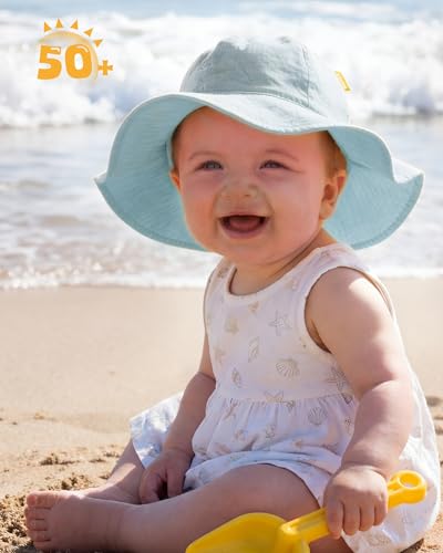HONGTEYA Baby Sun Hat Muslin Wide Brim Toddler Girl Beach Bucket Hat - color: Light Blue/Colored Dots, size: 0-6 Months