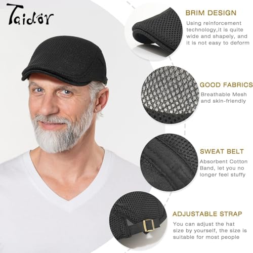 2 Pack Men's Mesh Cap Breathable Summer Newsboy Hat Adjustable Beret Ivy Cap Irish Cabbie Driving Hunting Hats - color: Black/Dark Grey